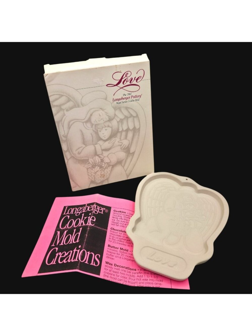 Longaberger Pottery 1995 Angel Series Love Cookie Mold With Box & Recipe Insert